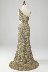 Goldenes Eine Schulter Fransen Pailletten Ballkleid mit Schlitz